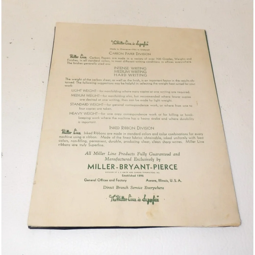 Vintage Miller Bryant Pierce Clover Brand Carbon Paper Folder Aurora IL Office